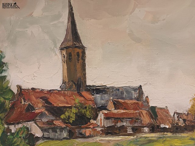 Lot 134 - schilderij dorp met molen - afbeelding 2 van  4
