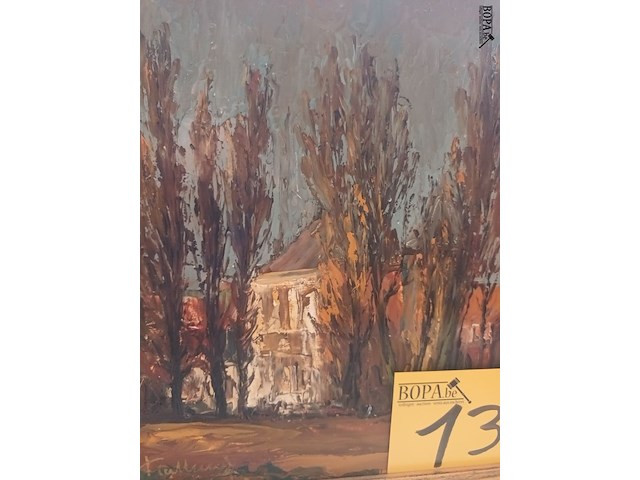 Lot 139 - schilderij huizen achter bomen - afbeelding 2 van  3