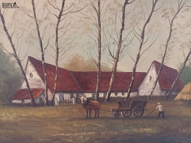 Lot 143 - schilderij boerderij met paard en kar - afbeelding 2 van  4