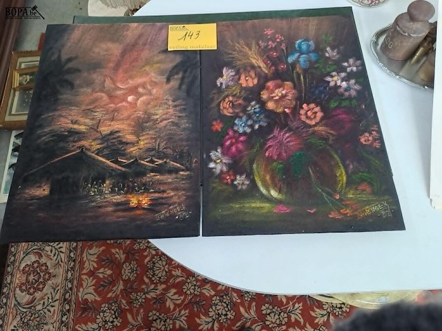 Lot 143 - vintage sfeervol olieverfschilderij - tropisch dorp en bloem - afbeelding 1 van  3