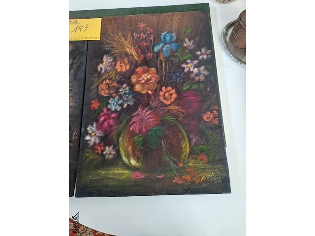 Lot 143 - vintage sfeervol olieverfschilderij - tropisch dorp en bloem - afbeelding 2 van  3