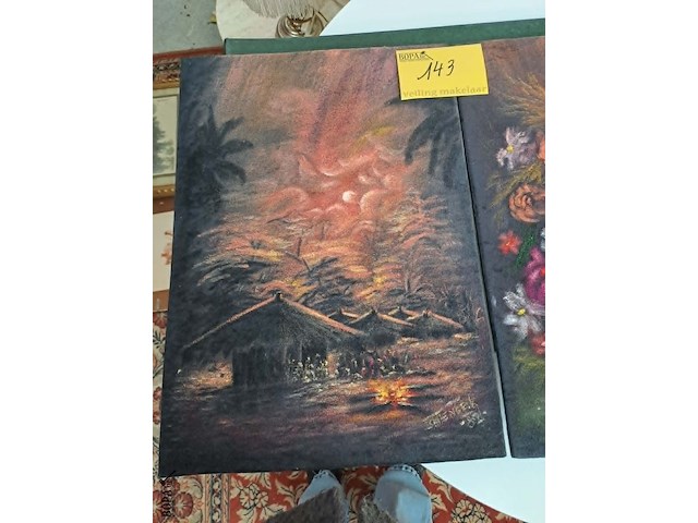 Lot 143 - vintage sfeervol olieverfschilderij - tropisch dorp en bloem - afbeelding 3 van  3
