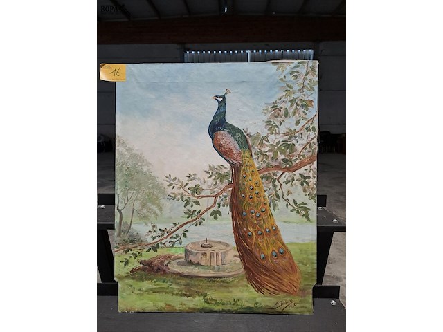 Lot 16 - schilderij op doek - pauw in klassieke tuin - afbeelding 1 van  3