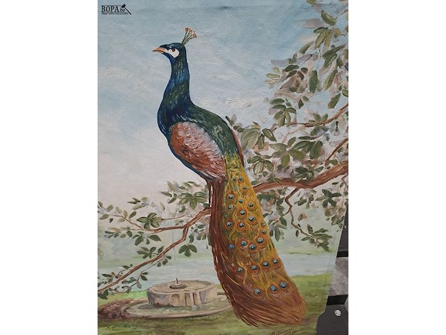 Lot 16 - schilderij op doek - pauw in klassieke tuin - afbeelding 2 van  3