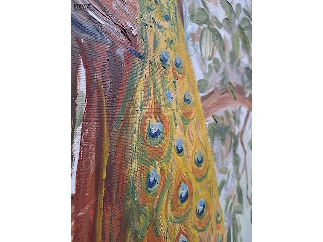 Lot 16 - schilderij op doek - pauw in klassieke tuin - afbeelding 3 van  3