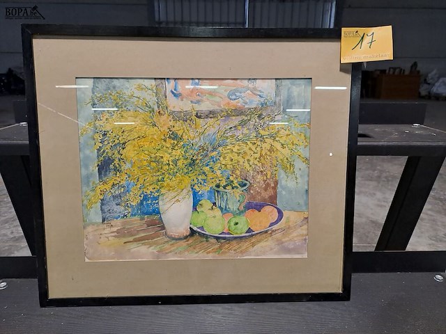 Lot 17 - aquarel fruitschaal met bloemen van houwen '84 - afbeelding 1 van  2