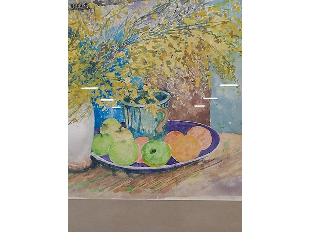 Lot 17 - aquarel fruitschaal met bloemen van houwen '84 - afbeelding 2 van  2