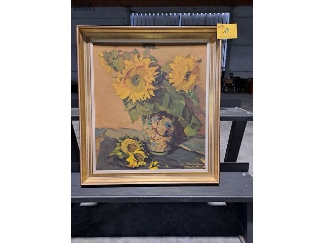 Lot 18 - prent/ replica van gogh 'zonnebloemen in vaas' in bladgouden - afbeelding 1 van  1