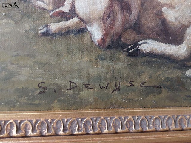 Lot 198 - schilderij schapen en kippen, get s dewijse - afbeelding 2 van  2
