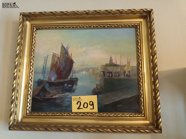 Lot 209 - schilderij boten aan de kade - afbeelding 1 van  4