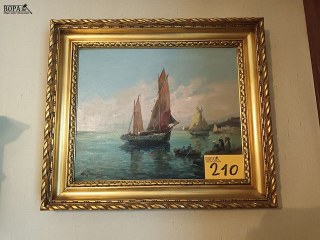 Lot 210 - schilderij boten aan de rotsen - afbeelding 1 van  4