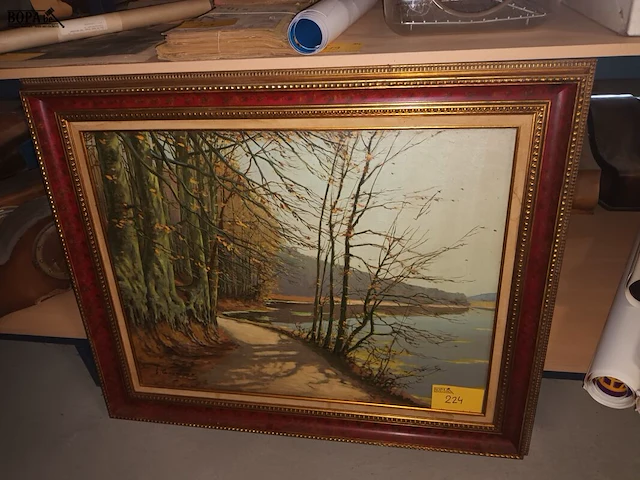 Lot 224 - schilderij bos aan waterkant - afbeelding 1 van  3