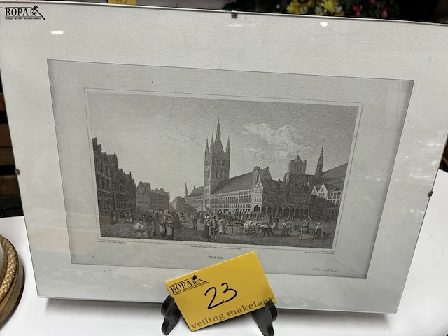 Lot 23 - antieke staalgravure van grote markt ieper - get. - afbeelding 1 van  3