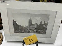 Lot 23 - antieke staalgravure van grote markt ieper - get.