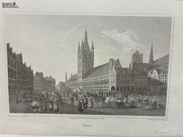 Lot 23 - antieke staalgravure van grote markt ieper - get. - afbeelding 3 van  3