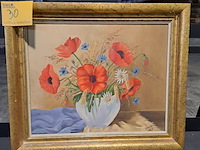 Lot 30 - schilderij stilleven met klaprozen en madeliefjes in goudkle - afbeelding 2 van  2