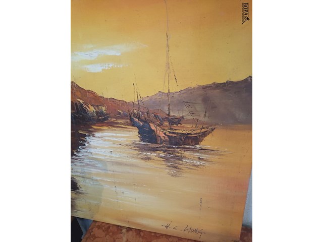Lot 350 - schilderij met boten - afbeelding 3 van  4