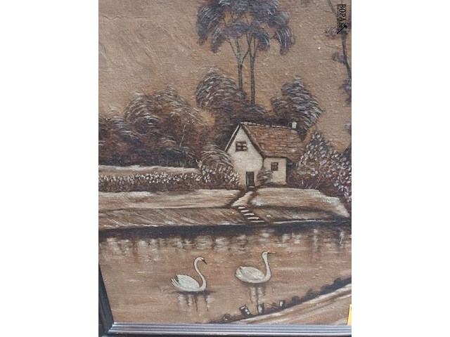 Lot 359 - schilderij landschap met zwanen - afbeelding 2 van  4