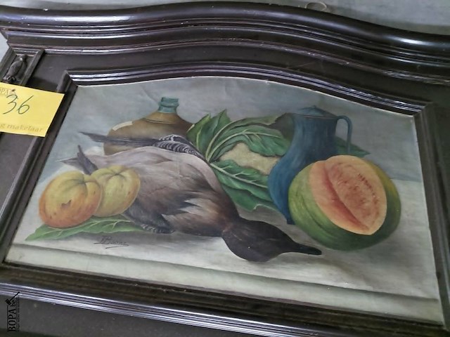 Lot 36 - schilderij - afbeelding uit keuken - verwerkt in houten meub - afbeelding 4 van  4