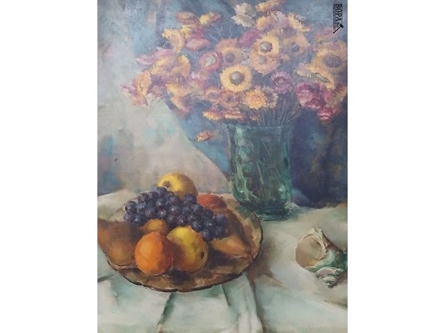 Lot 39 - schilderij bloemen en fruit - afbeelding 2 van  4