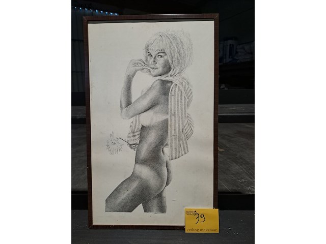 Lot 39 - tekening - naakte dame met bloem - a. duvillers - afbeelding 1 van  4