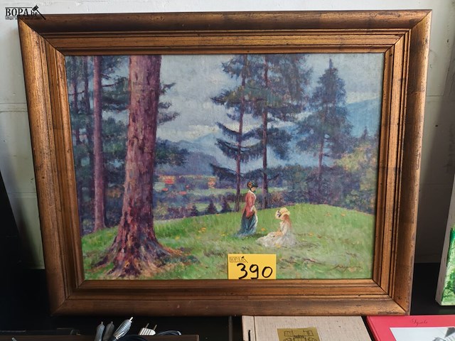 Lot 390 - schilderij landschap met 2 dames - afbeelding 1 van  3