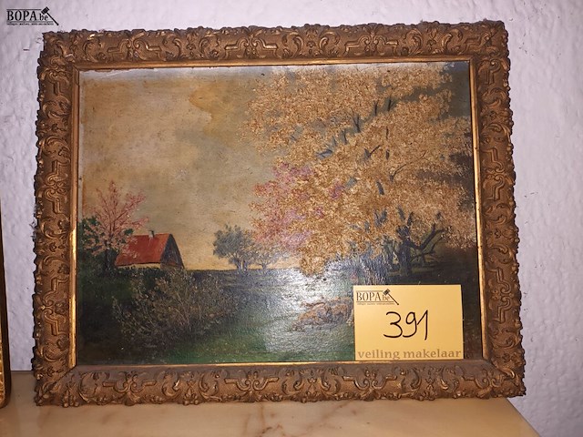 Lot 391 - schilderij huisje en bomen - afbeelding 1 van  4