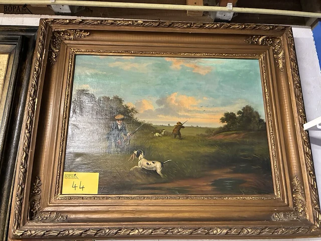Lot 44 - schilderij klassiek landschap met jachttafereel - get. - afbeelding 1 van  3