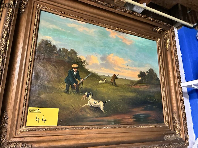 Lot 44 - schilderij klassiek landschap met jachttafereel - get. - afbeelding 2 van  3