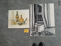 Lot 48 - stilleven 2 stuks - houtskool en schiilderkunst - afbeelding 1 van  1