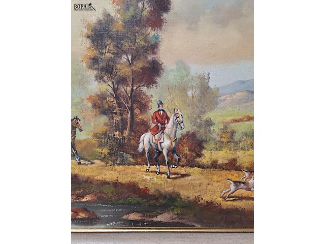Lot 56 - olieverfschilderij jachttafereel j. rems 120*92 - afbeelding 2 van  5