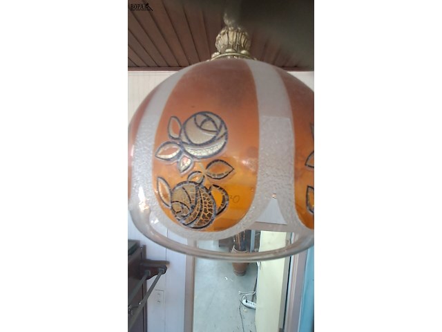 Lot 70 - vintage hanglamp '50 met goudoranje glazen kap met geëtste b - afbeelding 2 van  4