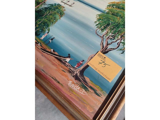 Lot 75 - schilderij afrikaans landschapstafereel aan zee - tenda - 99 - afbeelding 2 van  4