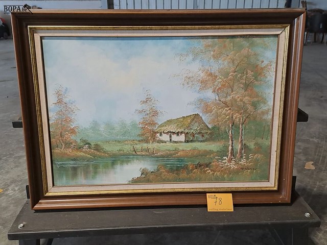 Lot 78 - olieverfschilderij stilleven huis aan het water - j. norman - afbeelding 1 van  1