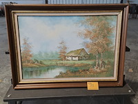 Lot 78 - olieverfschilderij stilleven huis aan het water - j. norman - afbeelding 1 van  1