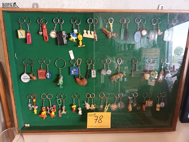 Lot 78 - vitrine hangkast met vintage sleutelhangers. 57 stuks - afbeelding 1 van  5