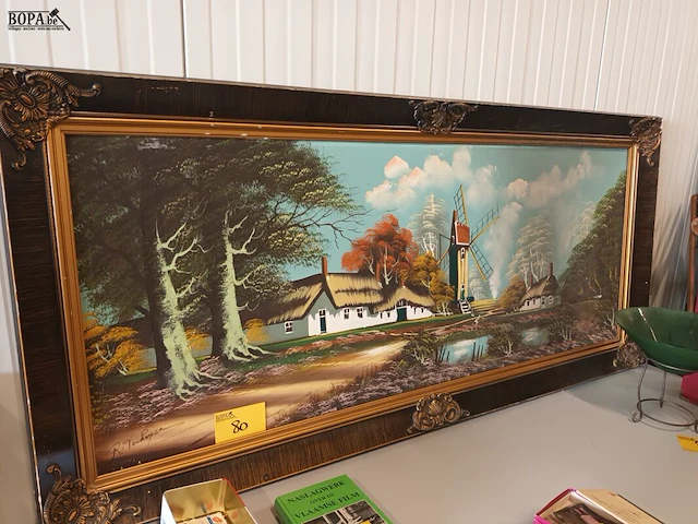 Lot 80 - schilderij nederlands landschap met molen - afbeelding 1 van  3