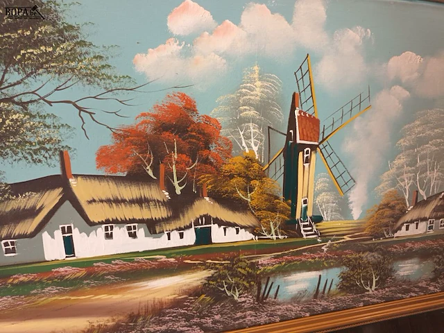 Lot 80 - schilderij nederlands landschap met molen - afbeelding 2 van  3