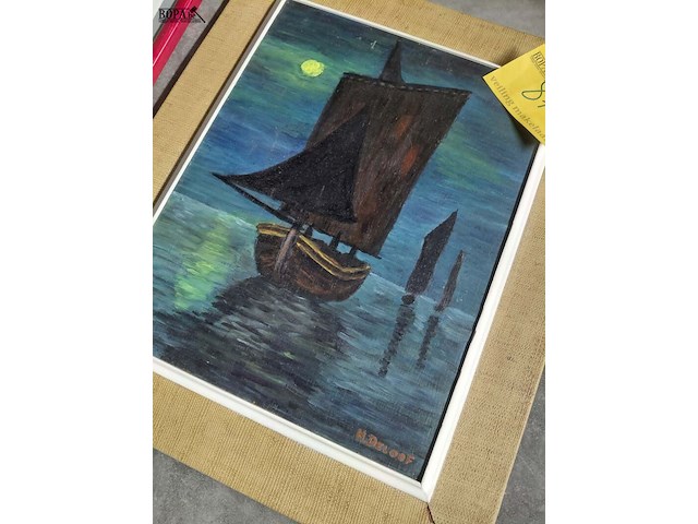 Lot 87 - olieverfschilderij schepen bij nacht - deloof - 45*56 - afbeelding 3 van  3