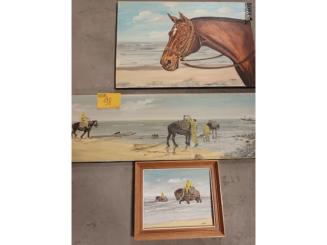 Lot 98 - schilderij garnaalvissers en paard. 3 stuks - afbeelding 1 van  4