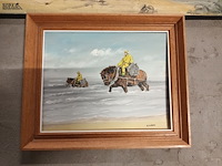 Lot 98 - schilderij garnaalvissers en paard. 3 stuks - afbeelding 2 van  4