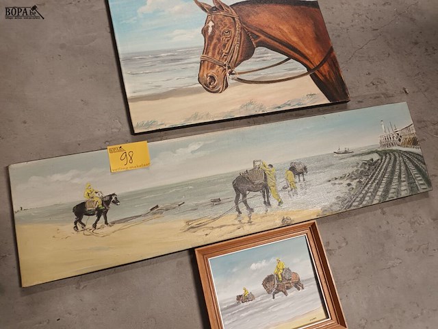 Lot 98 - schilderij garnaalvissers en paard. 3 stuks - afbeelding 3 van  4