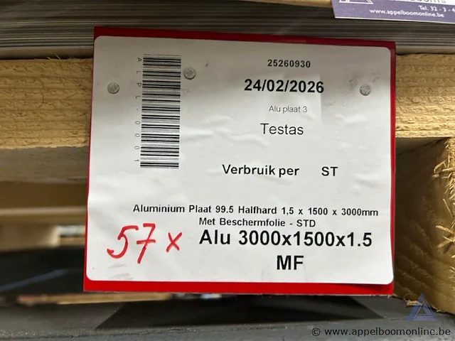 Lot aluminium platen wo. type 99.5 halfhard, afmetingen 3000 x 1500 x 1.5 mm - afbeelding 2 van  2