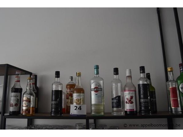 Lot diverse aangebroken flessen sterke drank (o.a. eristoff, martini, campari), rode wijn (caitel), siropen (o.a. monin) - afbeelding 1 van  3