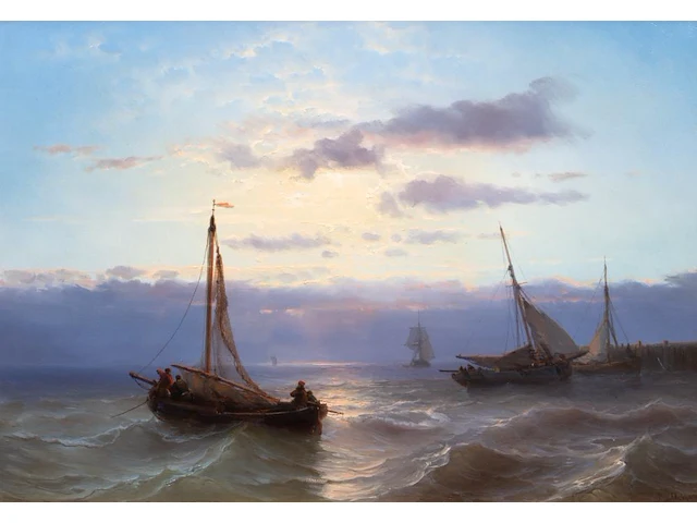 Louis johan hendrik meijer (1809-1866), colourful sunset along a coast, oil on mahogany 34 x 49.5 cm. (13.39 x 19.48 in.), frame: 65 x 78 cm. (25.58 x 30.71 in.) - afbeelding 1 van  5
