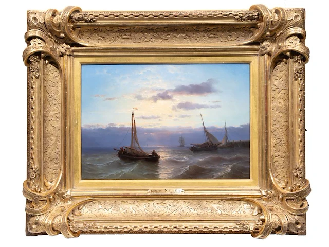 Louis johan hendrik meijer (1809-1866), colourful sunset along a coast, oil on mahogany 34 x 49.5 cm. (13.39 x 19.48 in.), frame: 65 x 78 cm. (25.58 x 30.71 in.) - afbeelding 2 van  5