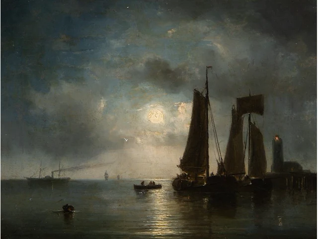 Louis johan hendrik meijier (1809-1866), harbour view under moonlight, oil on mahogany 32.5 x 46.5 cm. (12.80 x 18.30 in.), frame: 56 x 65 cm. (22.05 x 25.58 in.) - afbeelding 1 van  6