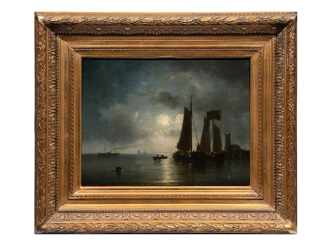 Louis johan hendrik meijier (1809-1866), harbour view under moonlight, oil on mahogany 32.5 x 46.5 cm. (12.80 x 18.30 in.), frame: 56 x 65 cm. (22.05 x 25.58 in.) - afbeelding 2 van  6