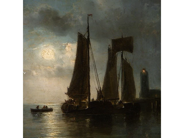 Louis johan hendrik meijier (1809-1866), harbour view under moonlight, oil on mahogany 32.5 x 46.5 cm. (12.80 x 18.30 in.), frame: 56 x 65 cm. (22.05 x 25.58 in.) - afbeelding 5 van  6
