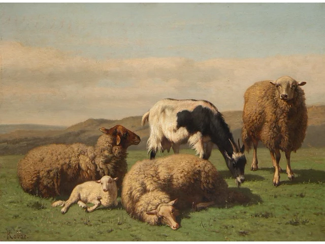 Louis robbe (1806-1887), flock of sheep and a goat in a landscape, oil on canvas 55 x 75 cm. (21.64 x 29.53 in.), frame: 69 x 88 cm. (27.17 x 34.64 in.) - afbeelding 1 van  6